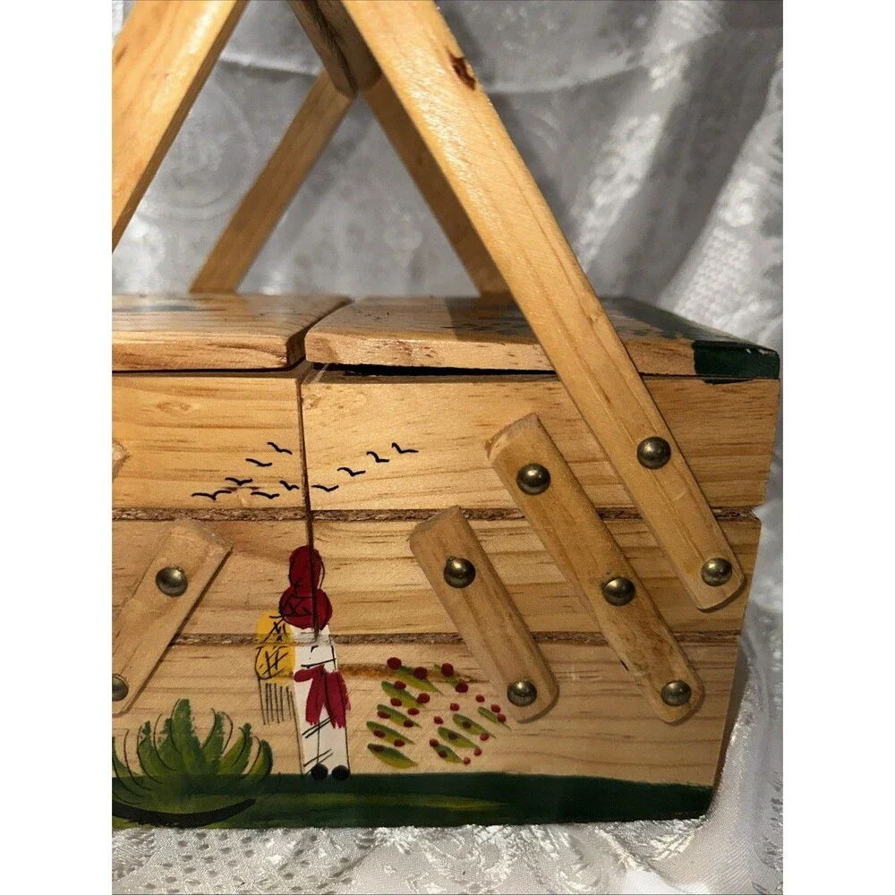 VTG Wood Fold-Out Sewing Box Hand Painted Mexico Double Handle Small 3 Tier